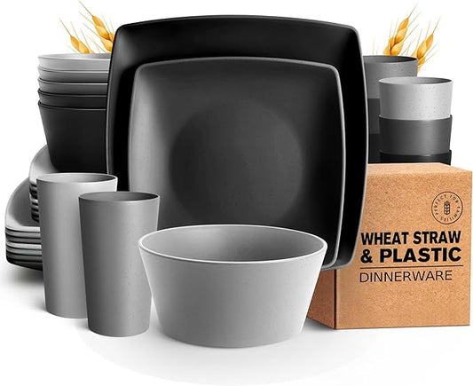 Teivio 32-Piece Kitchen Plastic Wheat Straw Squircle Dinnerware Set for 8, Unbreakable Dinner Plates, Salad Plates, Square Cereal Bowls, Cups 13.5 oz, Dishwasher Safe,Gray Ombre