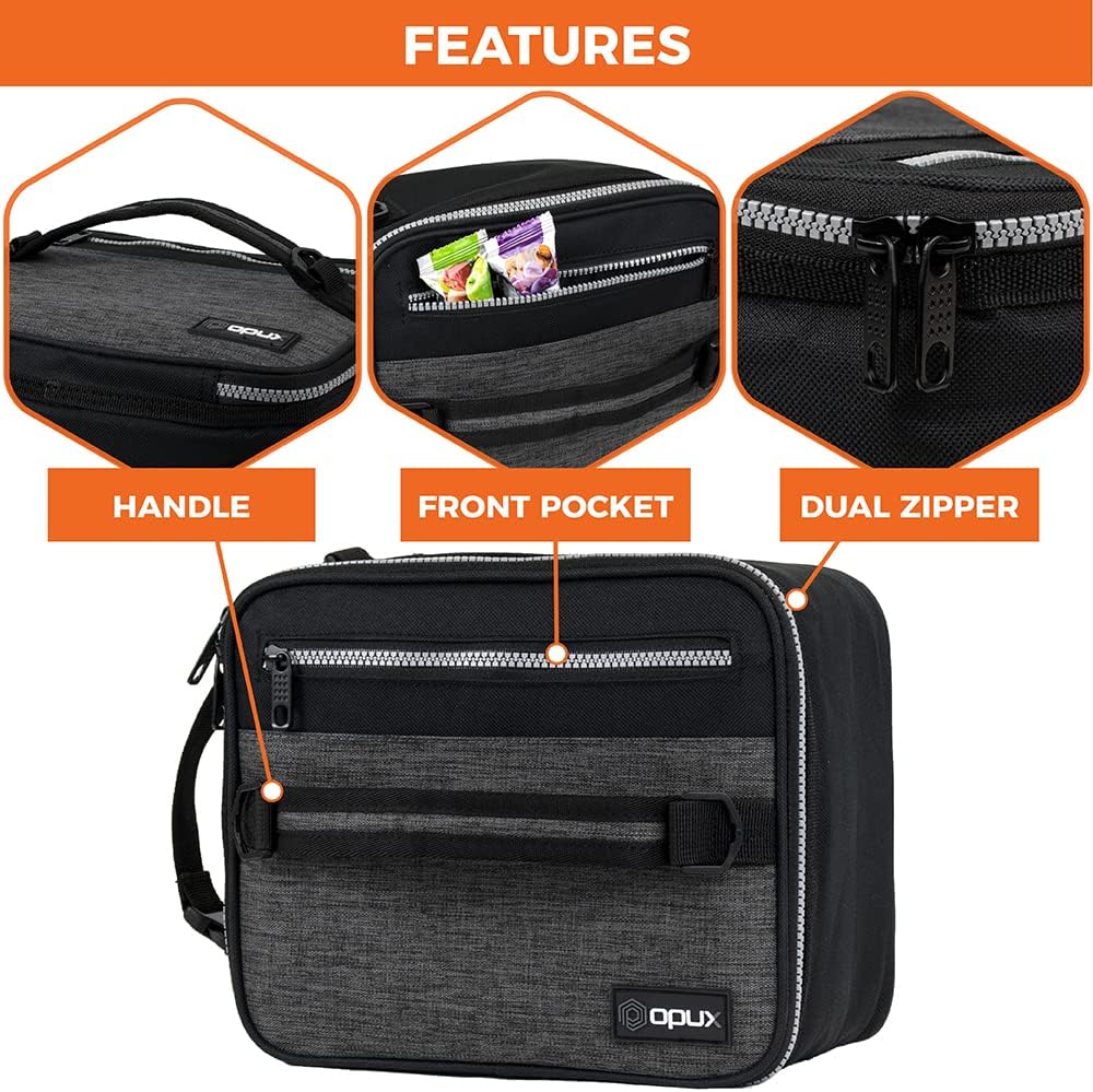 opux Insulated Lunch Box for Men Women Adult, Compact Lunch Bag for Kids Boy Girl Teen, Soft Lunch Cooler Bag for Work School, Leakproof Lunchbox Lunch Pail with Clip-on Buckle, Heather Charcoal