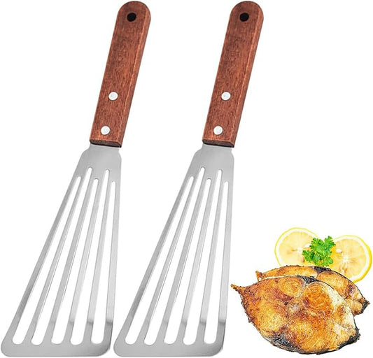 Stainless Steel Fish Spatula with Wooden Handle, Metal Spatula Flipping Foods, Slotted Fish Flipper, Brown 2 Pack