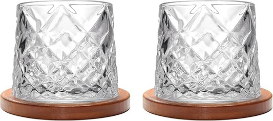 Rotatable Old Fashioned Glass Cup, 275ml/10oz Crystal Whiskey Glass Set of 2, Wood Coaster, Thickening, Used as Rum Glass Cup, Cocktail, Coffee, Milk to Relax and Reduce Stress, Christmas gifts