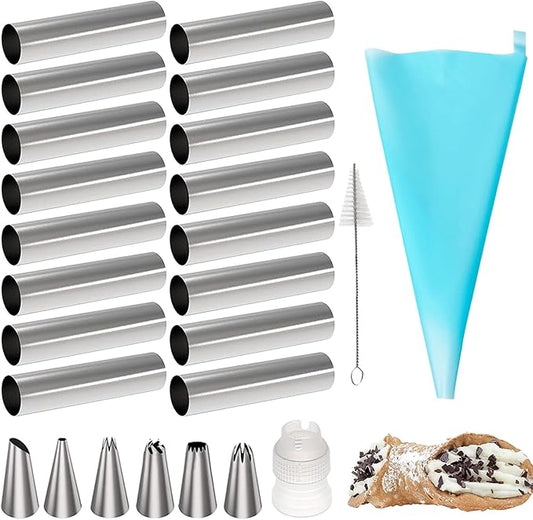Cannoli Tubes Set, 25 Pack Large Cannoli Forms with Cleaning Brush, Reusable Silicone Piping Bag and Long Piping Tip, Stainless Steel Kitchen Tool DIY Dessert Supplies