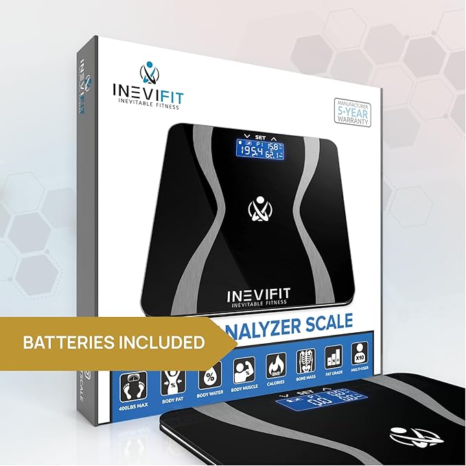 INEVIFIT Body-Analyzer Scale, Highly Accurate Digital Bathroom Body Composition Analyzer, Measures Weight, Body Fat, Water, Muscle & Bone Mass for 10 Users. Includes Batteries