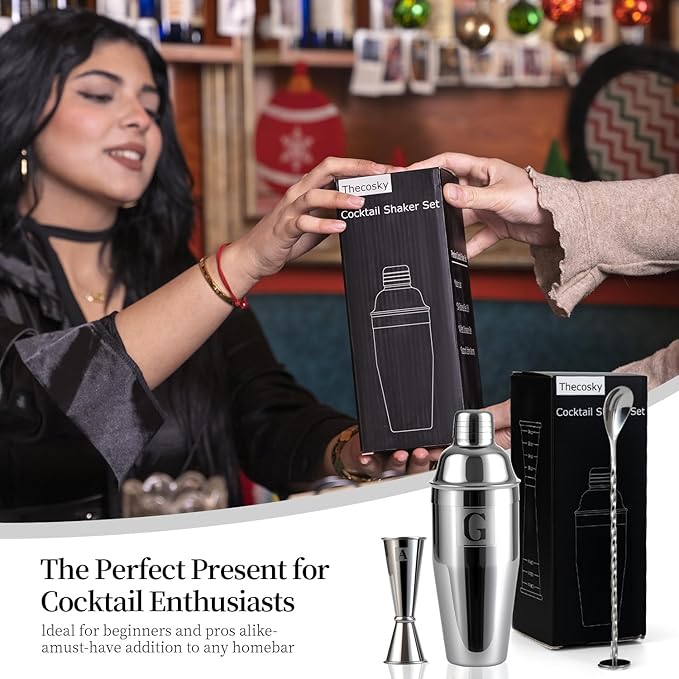 24oz Cocktail Shaker Set with 1 oz 2oz Jigger - Monogramm Initials Martini Shaker Set - 304 Stainless Steel Bar Shaker for Margarita,Mojito-Personalized Gift for Friend,Husband-F