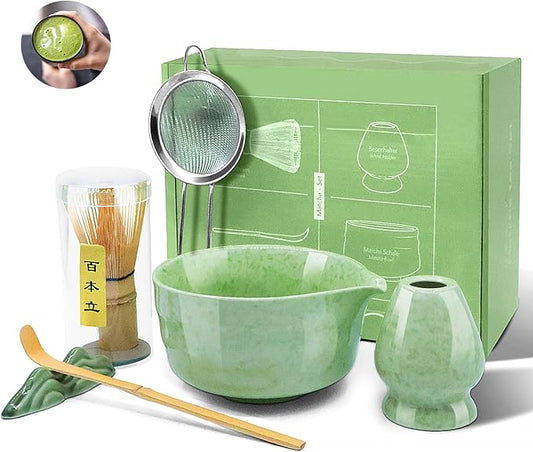 Matcha Whisk Set: Japanese Matcha Set with Ceramic Bowl, Matcha Sifter and Holder, Bamboo Scoop, Scoop Rest, Whisk, 6 Pcs, 18 oz Ceremonial Matcha Kit Making Tool Gift for Matcha Lovers, Beginners
