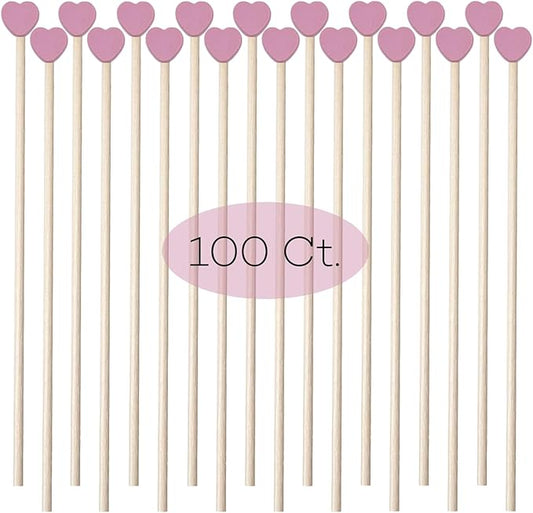 100 Pcs 6 Inch Pink Heart Shaped Valentine's Day Wooden Swizzle Sticks, Cocktail & Coffee Drink Stirrers, Rock Candy Sticks, Cake Pop Sticks, Lollipop Sticks for Anniversary, Wedding Party