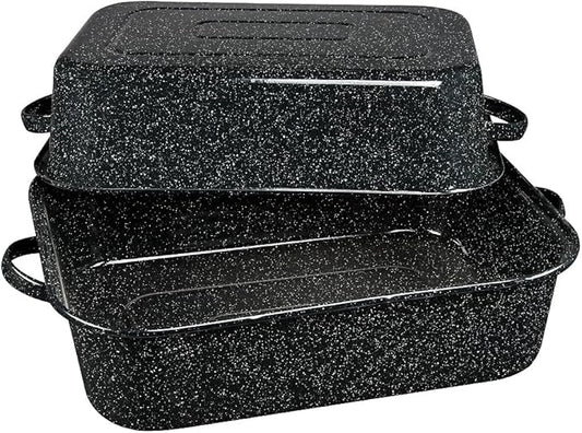 Granite Ware 19-Inch Covered Rectangular Roaster - Enamel Steel Cookware, Nonstick & Chemical-Free, Dishwasher Safe - 25 Lb Capacity, Large Roasting Pan for Meats, Poultry, Vegetables (Speckled Black)