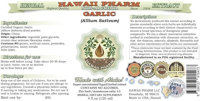 Garlic Alcohol-Free Liquid Extract, Organic Garlic (Allium sativum) Dried Powder Glycerite Hawaii Pharm Natural Herbal Supplement 2x2 oz