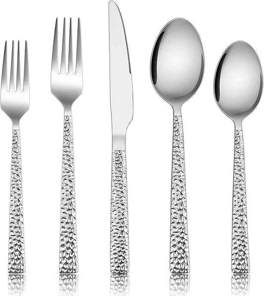 E-far Hammered Silverware Set, 40-Piece Stainless Steel Square Flatware Set for 8, Metal Tableware Cutlery Set Includes Dinner Knives/Forks/Spoons, Modern Design & Mirror Polished - Dishwasher Safe