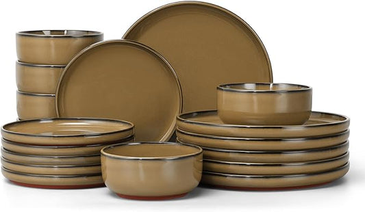 E-far Stoneware Dinnerware Sets for 6, 18 Pieces Reactive Glaze Plates and Bowls Sets, Elegant Dishes with Rustic Terracotta Clay Base, Dishwasher & Microwave Safe, Scratch Resistant, Deep Camel