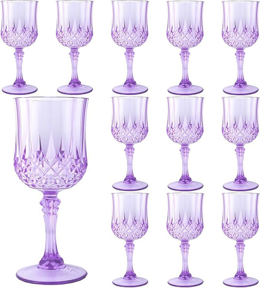 Plastic Wine Glasses, Plastic Goblets Vintage Style Cordial Unbreakable Drinking Glasses, Reusable Drinkware for Wedding Reception, Grand Event Party Supplies (12, Purple)