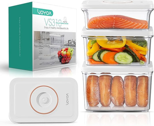 VOYOR 3-Pack Vacuum Containers for Food Storage (S/M/L) – No Machine Included, ABS, Reusable, Rectangular, Airtight, Refrigerator Organization VS310
