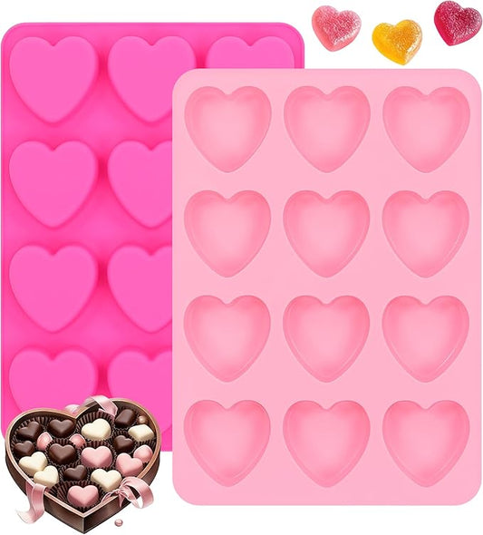 Heart-Shaped Silicone Chocolate Molds - Set of 2 Non-Stick Candy Heart Molds for Baking, Candy, Gummy, Cake, Jelly, Pudding, Handmade Soap Mould, Food Grade - Pink&Rose