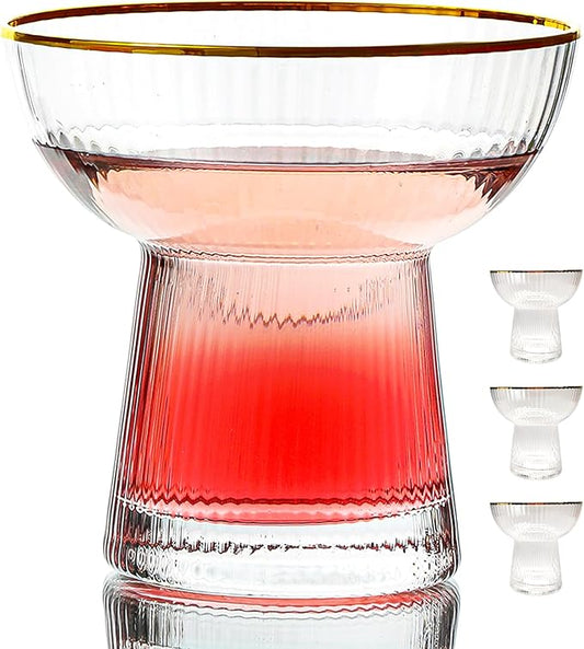 Lysenn Stemless Margarita Glasses Set of 4 - Elegant Vertical Stripes Cocktail Glasses – Premium Hand Blown Glassware for Martini and Mixed Drinks – 10 oz Gold Rim