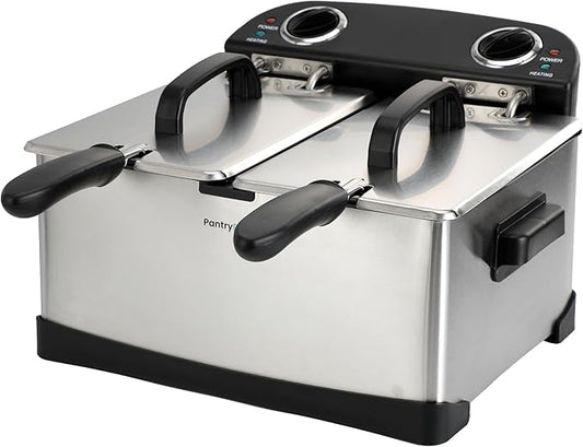 PantryPro 4 Liter / 4.2 Quart Stainless Steel Dual-Tank Electric Deep Fryer, 1800 W, Dual Temperature Control, 2 Baskets, Odor Filter
