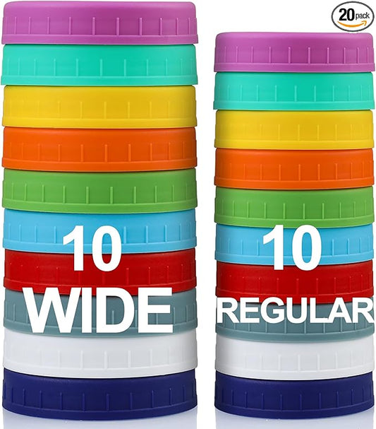 AOZITA 10 WIDE Mouth & 10 REGULAR Mouth Mason Jar Lids - 20 Pack Food Grade Plastic Mason Jar Caps for Ball, Kerr and More Canning Jars - Leakproof & Dishwasher Safe - Multicolor