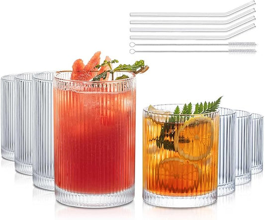 INSETLAN Set of 8 Ribbed Glassware - 4 Large Glasses 17 oz, 4 Rocks Glass Cups 10 oz, Vintage Glassware Cocktail Glasses, Ideal for Beer, Juice, Water, Ice Coffee Cup, Whiskey, Mixed Drinkware