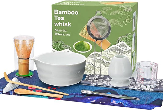 Matcha Whisk Set,11Pcs Matcha Set,Matcha Kit,Whisk Made from 100% Natural Bamboo, 11-component set for all your matcha-making needs,Contains stainless steel spoon, measuring cup(white)