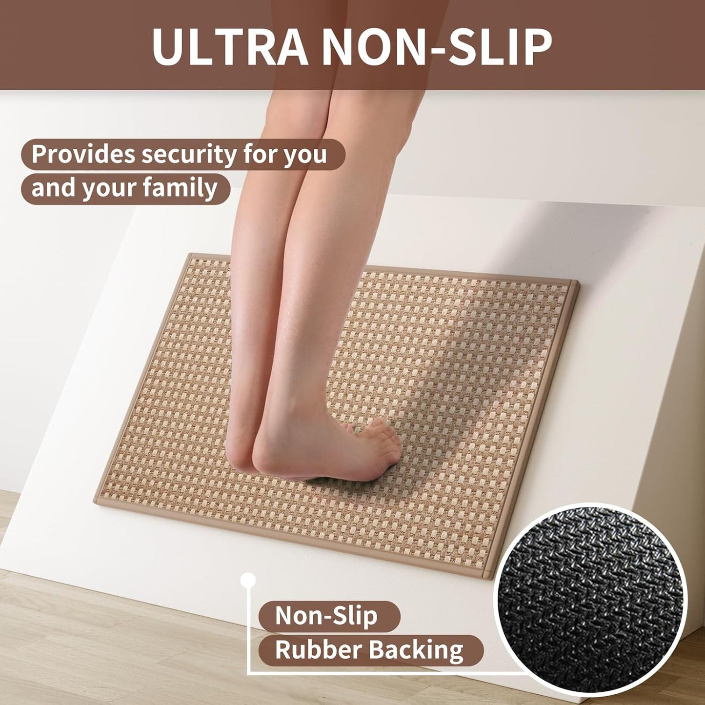 Kitchen Mats for Floor, Super Absorbent Kitchen Rugs Non Slip Washable, Rubber Backing Soft Chenille Braided Kitchen Floor Mat Standing Mat Sink Mat, Easy to Clean, Brown 17"x28"