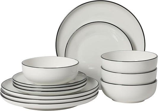 Gibson Home Havenstone 12-Piece Porcelain Dinnerware Set – Dinner Plates, Salad Plates & Bowls, Classic White With Black Rim Everyday Dish Set for Home, Kitchen, Microwave & Dishwasher Safe