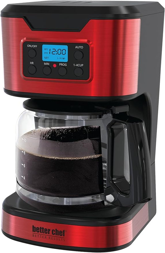 Better Chef Programmable 12-Cup Coffee Maker | 1-4 Cup Setting | Auto-Pause to Serve | 2hr Keep Warm | Perma-Filter | Stainless (Red)