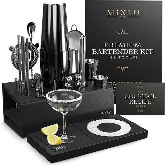 Mixology Bartender Kit - 22Pcs Bar Set Cocktail Shaker Set w Black Bar Cart Accessories Stand - Shakers Bartending Gun Metal Black Tools, 24oz Shaker, 17 Recipe Cards, Martini Barware