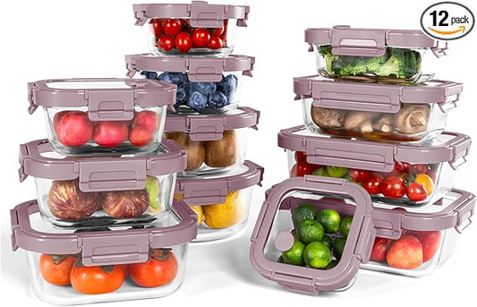 12-Pack Glass Containers with Tempered Lids – Borosilicate, Oven-Safe(-4°F~950°F), Airtight, BPA-Free, Multi-Size for Meal Prep, Dishwasher Safe (Pink)