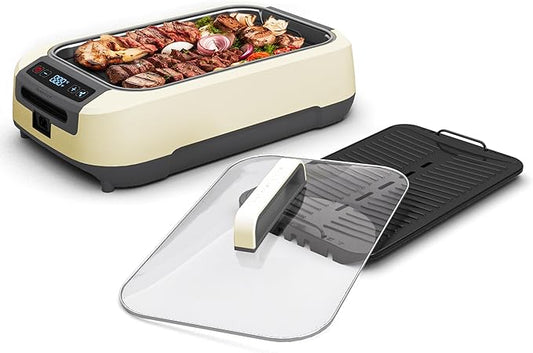 OVENTE Smokeless Indoor Grill, 1500W Electric Portable Korean BBQ Grill with One-Touch Control, LED Smart Display, Tempered Glass Lid, Two Removable Non-Stick and Dishwasher Safe Plates, White SGR85W