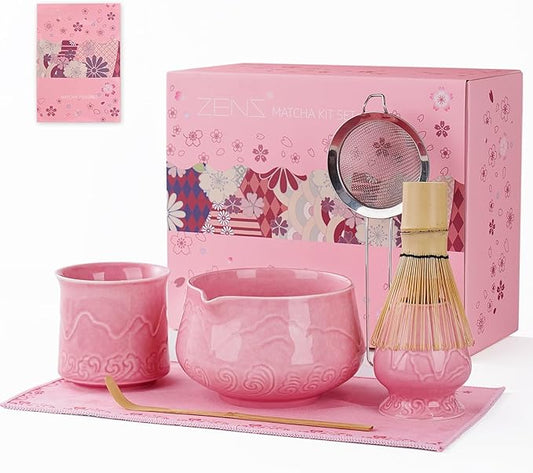 ZENS Pink Matcha Set, 7pcs Matcha Whisk Set Includes 15oz Ceramic Bowl and Cup for Bamboo Whisk, (Chasen Holder), Scoop, 304 Sifter and Tea Mat, Pink Matcha Kit for Matcha Lovers