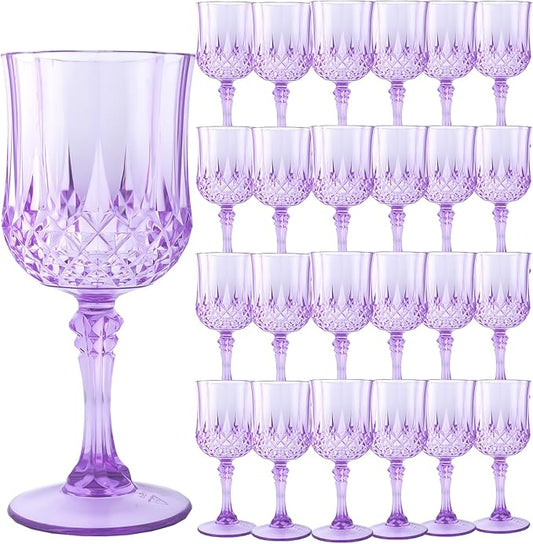 Plastic Wine Glasses, Plastic Goblets Vintage Style Cordial Unbreakable Drinking Glasses, Reusable Drinkware for Wedding Reception, Grand Event Party Supplies (24, Purple)