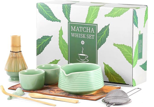 HELPLX Matcha Whisk Set 10-Piece Japanese Matcha Kit with BowlWhisk & Holder2 Tea CupsBamboo ScoopSpoonSifterScoop Rest & Tea Towel – Green Matcha Tea Set for Ceremony or Daily Use
