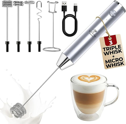 Zulay Kitchen Rechargeable Milk Frother Handheld - Lux 4 Whisks, Powerful 2-Speed Motor, Waterproof, 2000mAh Battery - Drink Mixer for Latte, Cappuccino, Matcha & Protein Powder - Silver