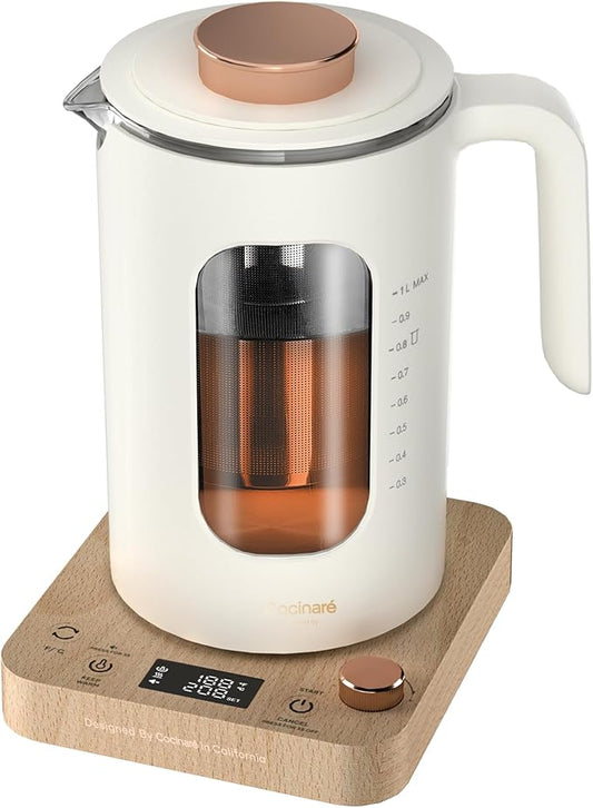 INTASTING Electric Tea Kettle, Electric Kettle with Tea Infuser, ±1℉ Knob Temperature Control, BPA-Free Glass, 1200W Fast Heating, Easy to Clean, 1 Liter (Cream White)