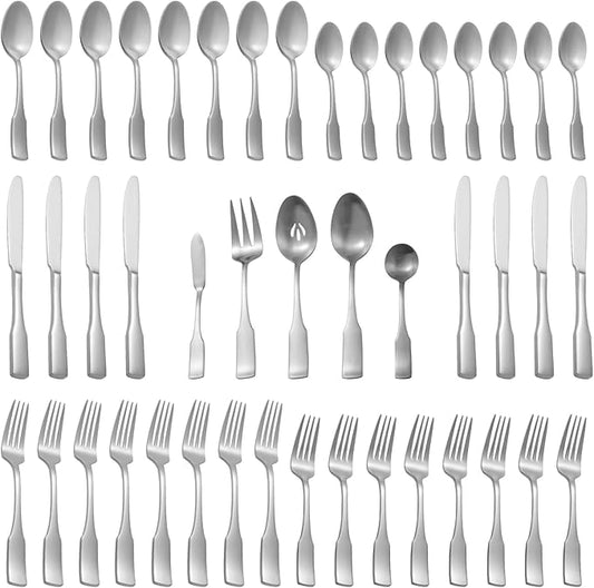 Alata Kate Satin 45-Piece Silverware Set with Utensil-Serving Set,Service for 8,Stainless Steel Flatware Set,Matte Satin Polished Cutlery Set,Dishwasher Safe