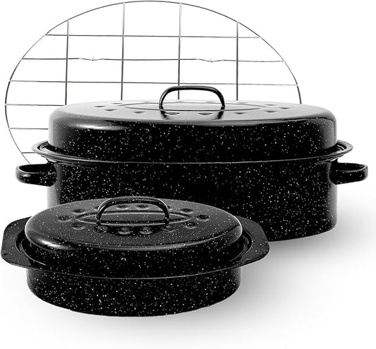 Enamel Roaster Pan With Lid and Rack Set 13"19"Granite Roasting Pans, Oval Large Turkey Baking Pan Suitable for Cooking 20lb Poultry and Beef High Temperature Resistance Oven Cookware