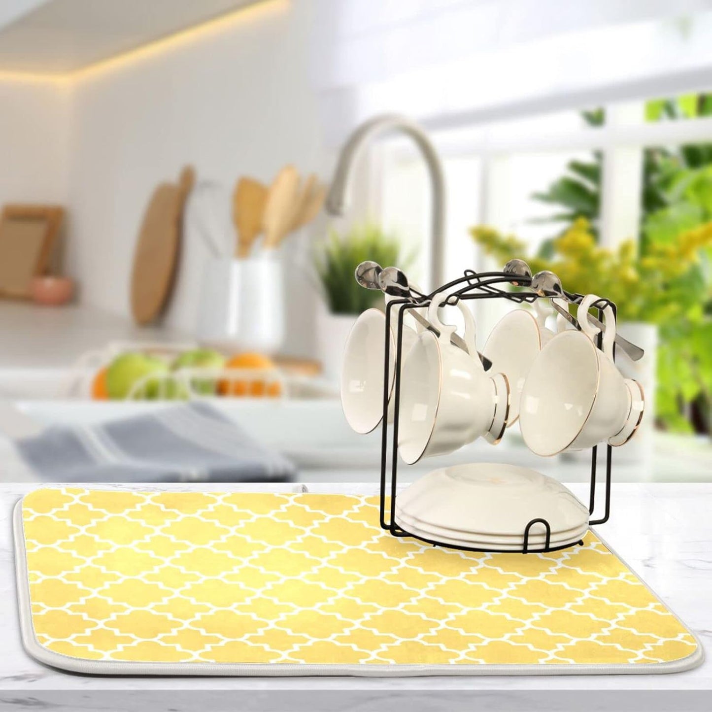 senya Super Absorbent Dish Drying Mat, Microfiber Fast-Drying Dish Mat, 16/'' x 18/'', Kitchen Dish Drying Pad, Quatrefoil Lattice Yellow Pattern, 16x18in