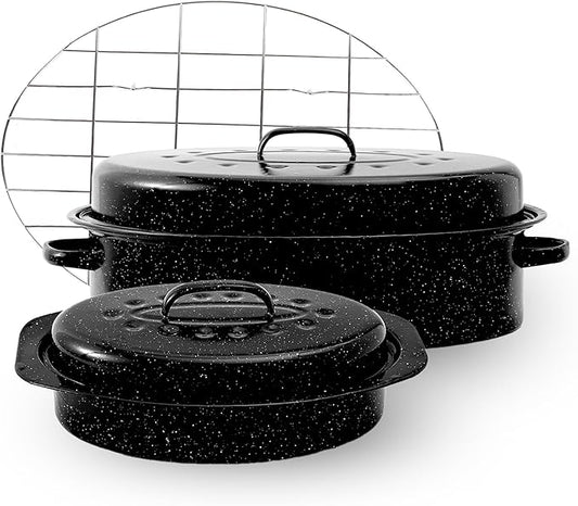 Enamel Roasting Pan With Lid and Rack 13" 18"Granite Roaster Pans Set With Rack Suitable Cooking Poultry Baking Turkey Bread Beef High Temperature Resistance,Dishwasher Safe,Holiday Gifts CookWare