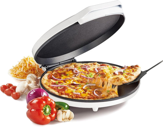 Betty Crocker Pizza Maker Plus, 12" Indoor Electric Grill, Nonstick Griddle Pan for Pizzas, Quesadillas, Tortillas, Nachos and more, 12" Electric Griddle for Delicious Meals and Snacks, White