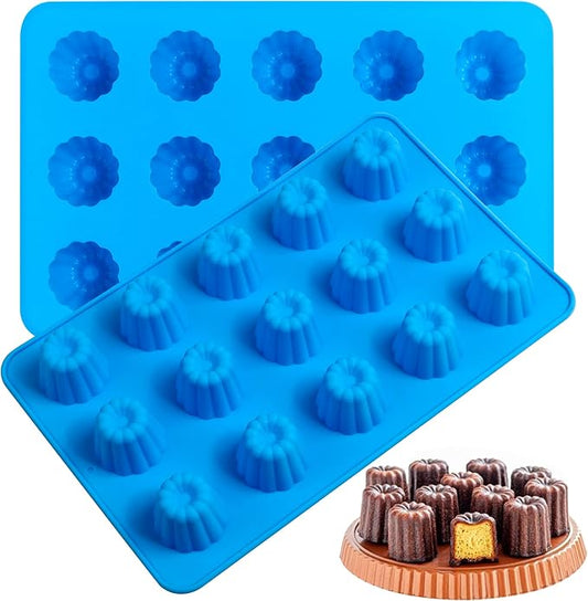 Sidosir 2Pcs Small Canele Mold Silicone, 15-Cavity Mini Nonstick Canele Silicone Baking Cake Pan for Bread Muffin, Non-Stick Madeline Pans for Baking