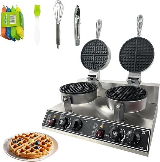 Double Head Commercial Waffle Maker, 2400W Stainless Steel Nonstick Waffle Iron with 122℉ to 572℉ Temp Range & Time Control, Perfect for Home Cafe Restaurant Snack Bar Bakeries