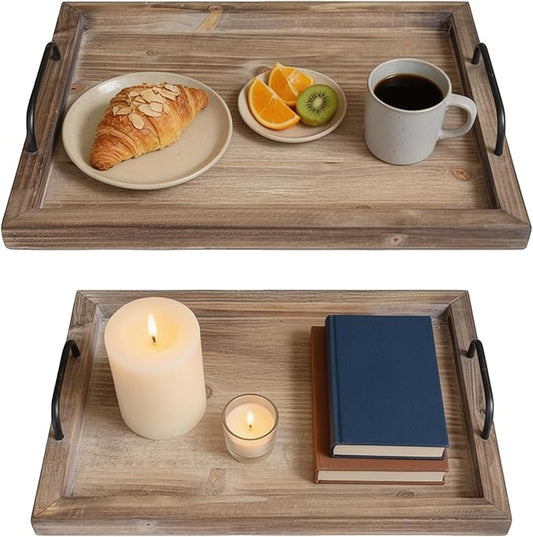 Besti Rustic Vintage Food Serving Trays (Set of 2) | Nesting Wooden Board with Metal Handles | Stylish Farmhouse Decor Serving Platters | Large: 15 x2 x11 - Small: 13 x2 x9 inches (Rustic Burnt)