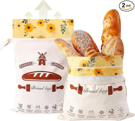 2 Pack Beeswax Bread Bags & Canvas Bags for Storage for Sourdough, Bees Wax Homemade Bread, Removable Patterned, Easy to Clean (16.7x12.8 In), Organic Cotton, Double Freshness Zipper & Velcro
