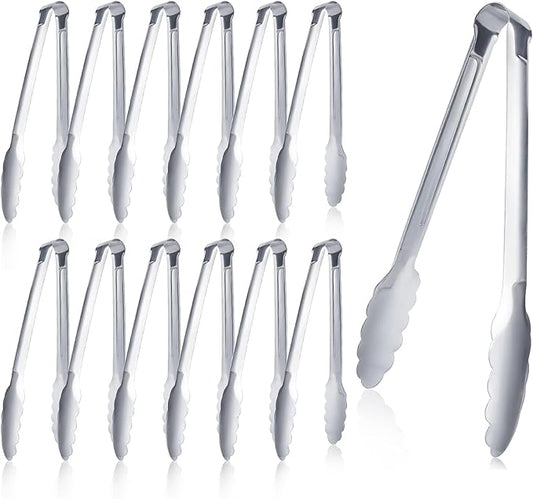 12 pieces Buffet Tongs 9'' Inches Serving Tongs Heavy Duty Stainless steel Kitchen and BBQ Utility Tong (Silver, 9inch)