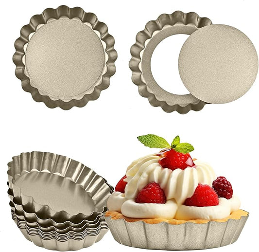 RICHSC-PAN Mini Tart Pan 12PCS, 4 Inch Tart Pan Removable Bottom Non-Stick Tin, 0.9 Inches High Suitable for DIY Making Small Tarts at Home. Champagne Gold Appearance.