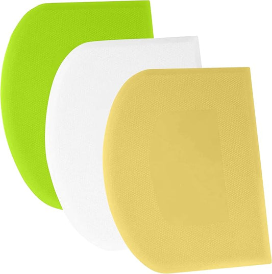SURDOCA Dough Scraper Bench Scraper - 3P 9.5x6.1" Plastic Flexible Bowl Scraper, Sharp Edge & Angles Cake Scraper. Non-Slip Bakeware Decorating Tools Sculpting & Modeling Tools - White+Yellow+Green