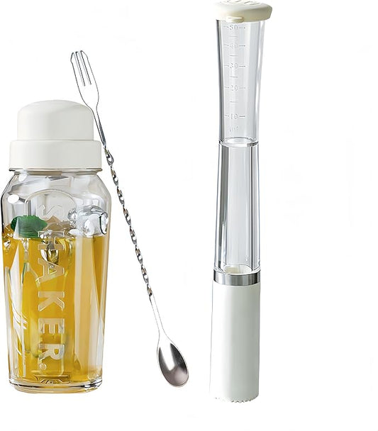 Cocktail Shaker Set-19 oz Glass Martini Shaker with Built-in Strainer，Muddler with Measuring Jigger and Stainless Steel Mixing Spoon, Home Bartender Kit Bar Tool for Margaritas Making, Drinks Mixing