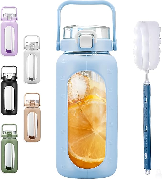 BLUEGO 64oz Glass Water Bottles with Straw Time Marker Half Gallon Large Motivational Water Bottle with Silicone Sleeve 2 Liter Large Glass Water Jug for Gym, Sports& Workout, Daily, Light Blue