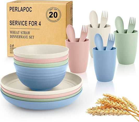 Wheat Straw Dinnerware Sets 20 PCS Service for 4, Unbreakable Kitchen Plates and Bowls Sets, Microwave Dishwasher Safe Dish Set, Outdoor Camping, RV, Apartment Essentials - Colorful