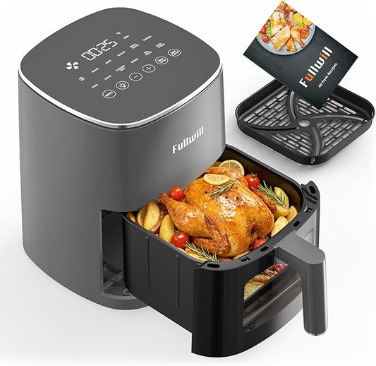 Fullwill 6QT Air Fryer with Viewing Window,12-in-1 Multi-Function Air Fry,Roast,Bake, Dehydrate, Fries,Nonstick and Dishwasher-Safe Basket,Family&friends Party,Max 400℉ Crisping 1700W,Gray