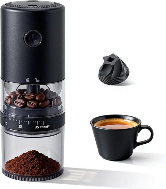 LAMIDO Portable Electric Burr Coffee Grinder - Grind While Charging - Visual Bean Hopper - 38 External Grind Settings - 1.8X Faster Grinding - 2000 mAh Battery for Travel, Camping - Matte Black