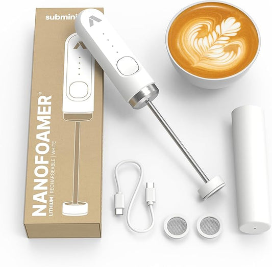 Subminimal Performance Milk Foamer - NanoFoamer Lithium Handheld Frother - Rechargeable, Dual-Speed - Microfoamed Milk in 30sec, Barista-Style Coffee Drinks at Home - White Special Edition